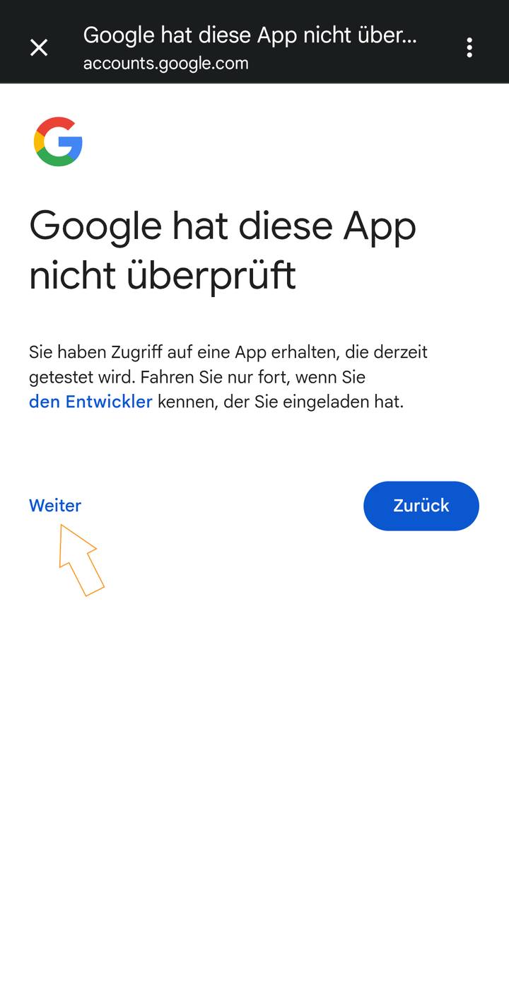 Google-Hinweis App nicht überprüft, Weiter links